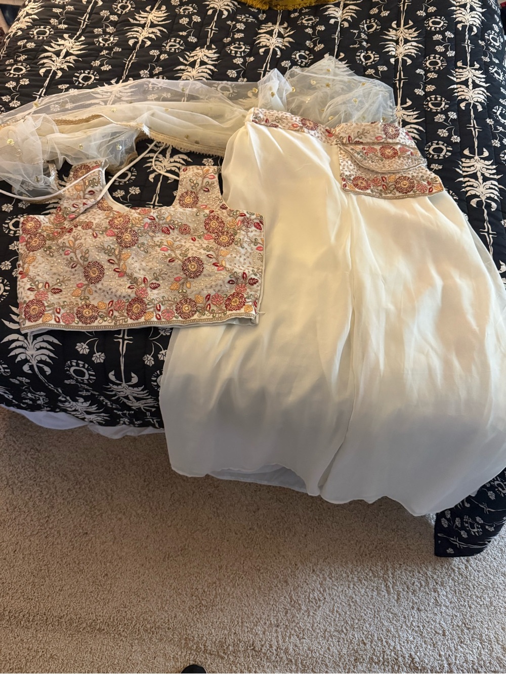 Embroidered Ivory Two-Piece Pant Set. Hand made.  Never worn.  3 pieces.